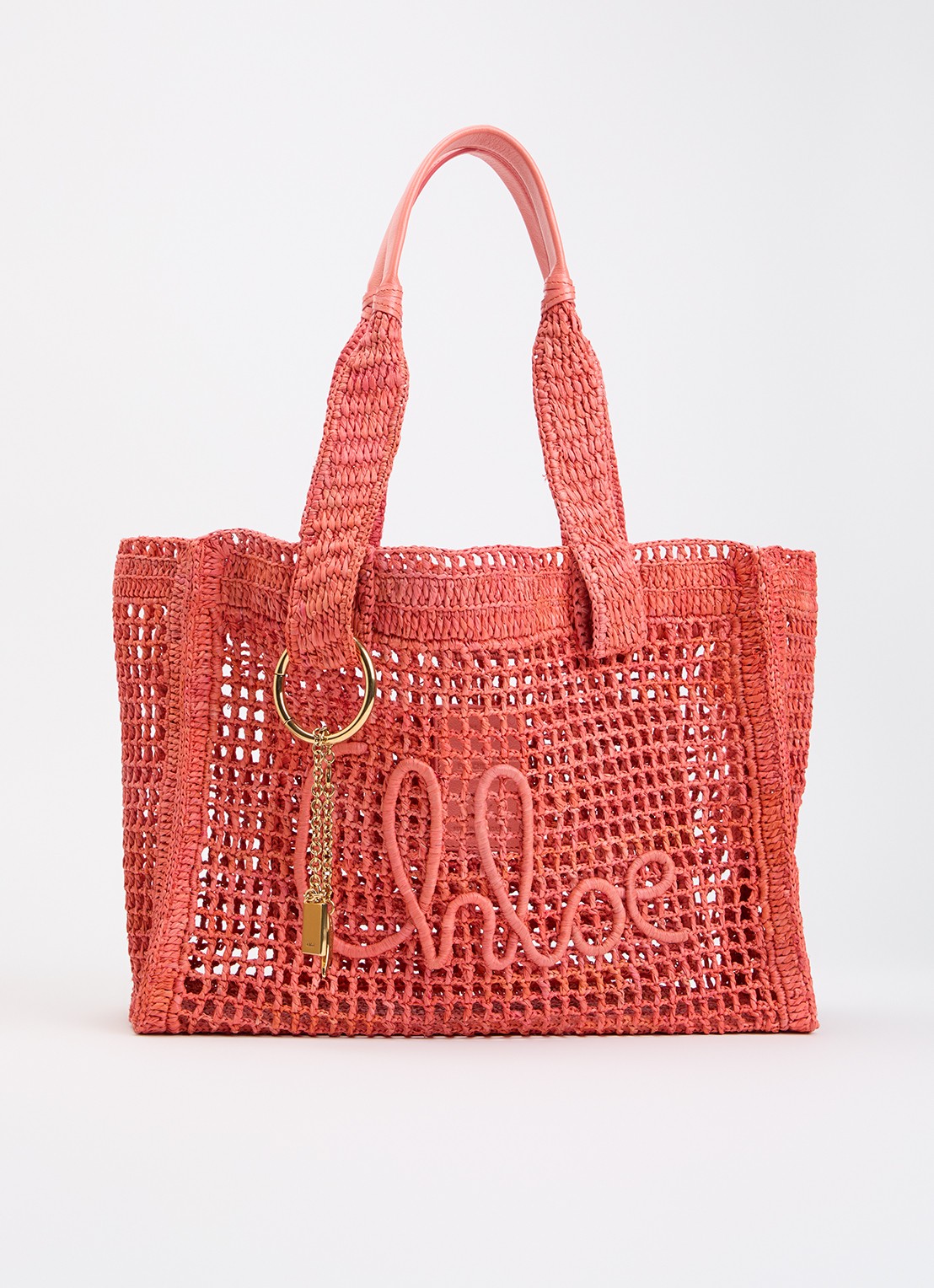Chloé Summer Banana shopper van raffia met leren details - voorkant 6 koraalroze