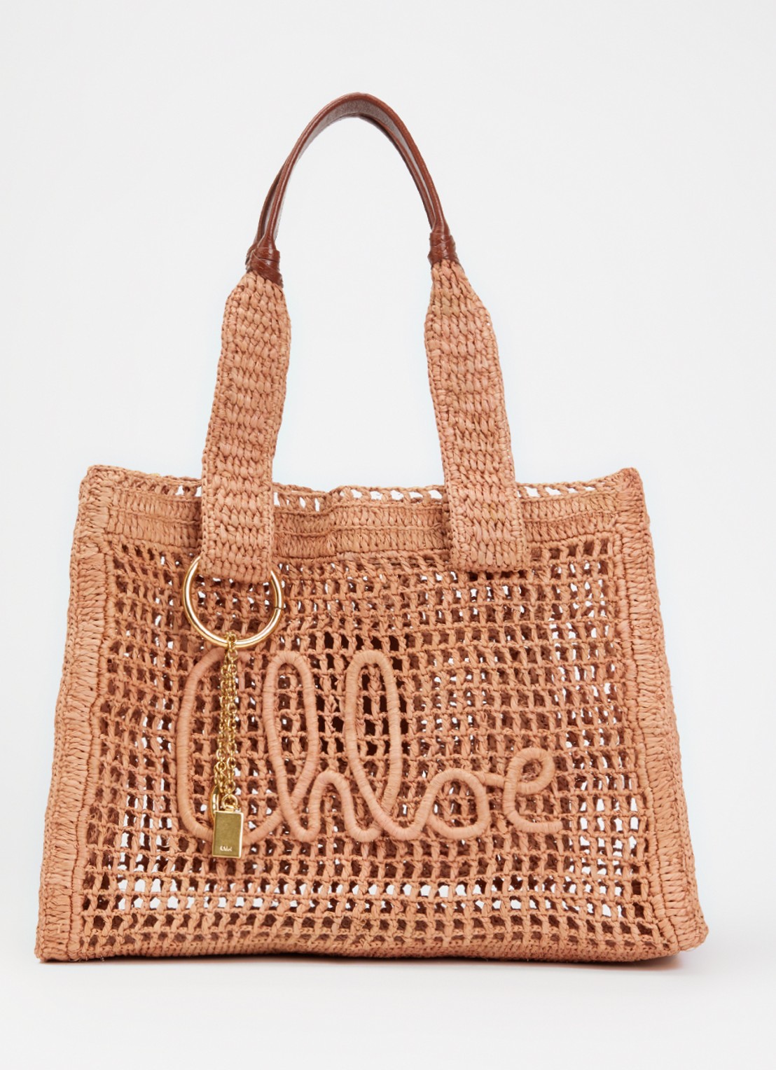 Chloé Summer Banana shopper van raffia met leren details - voorkant camel