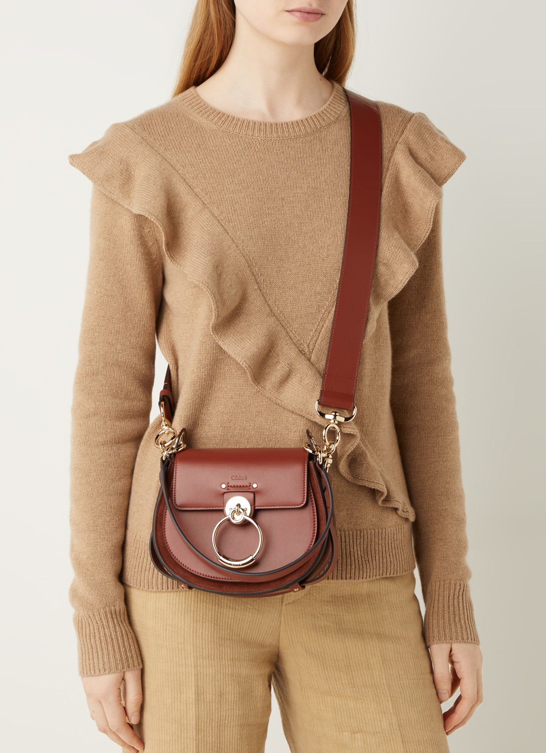 Chloé Tess Small schoudertas van kalfsleer met suède details - voorkant 3 roodbruin