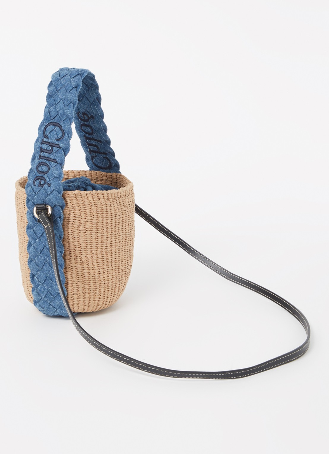Chloé Woody bucket handtas van raffia met denim details  - achterkant 2 camel
