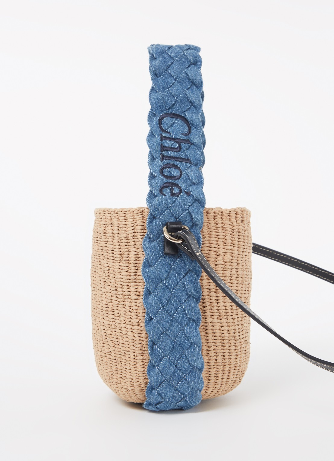 Chloé Woody bucket handtas van raffia met denim details  - detail 4 camel