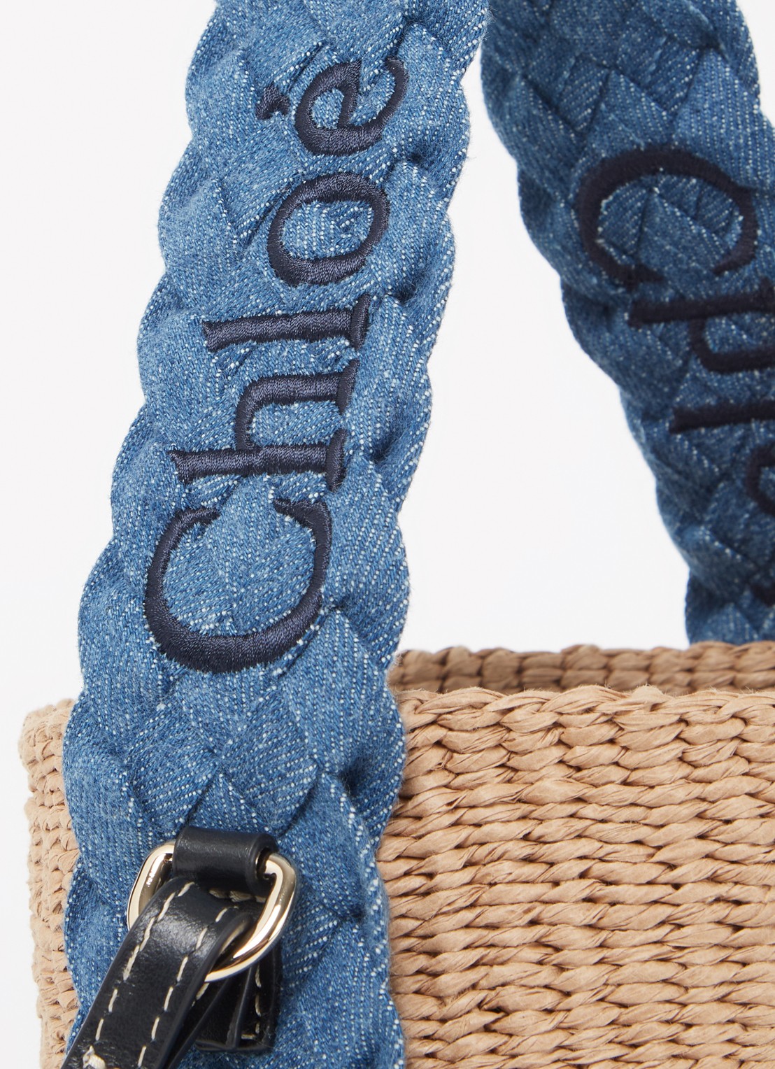 Chloé Woody bucket handtas van raffia met denim details  - detail 5 camel