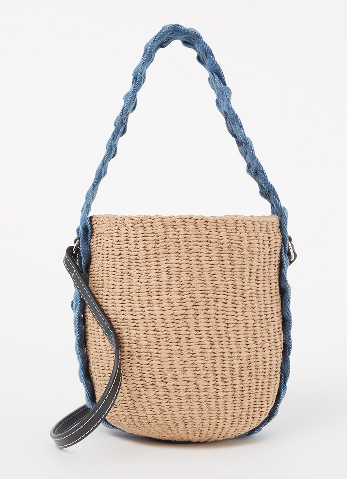 Chloé Woody bucket handtas van raffia met denim details  - voorkant camel