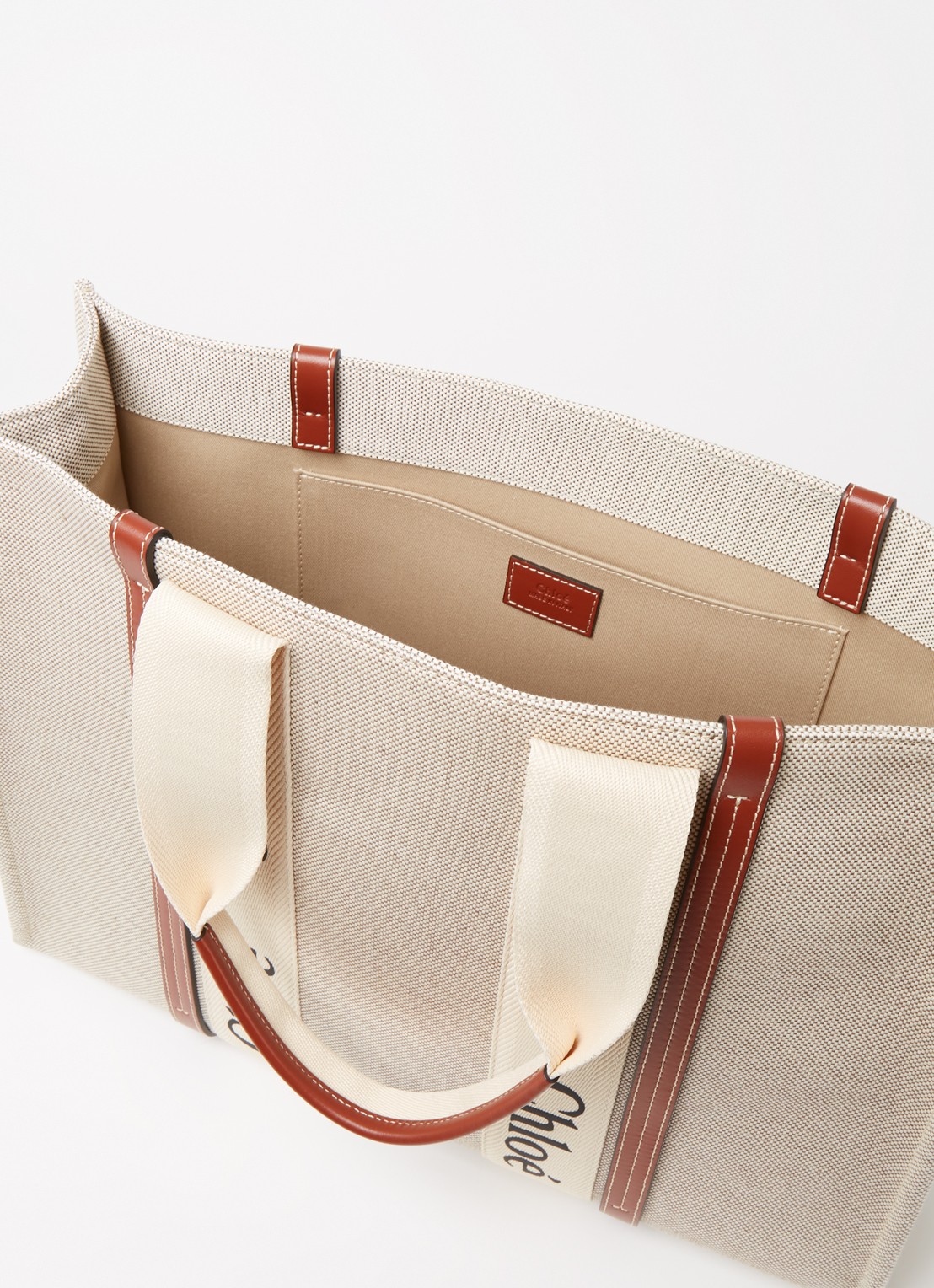 Chloé Woody Large shopper van canvas met kalfsleren details - detail beige