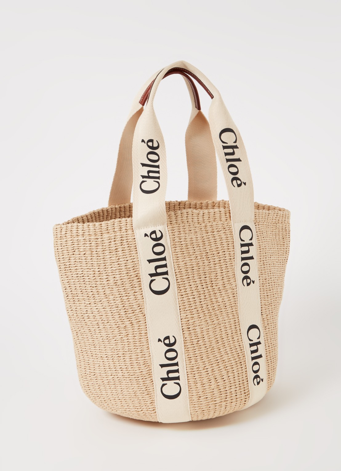 Chloé Woody Large shopper van gerecycled raffia met kalfsleren details - achterkant zand