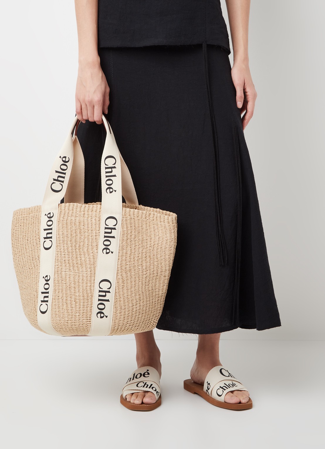 Chloé Woody Large shopper van gerecycled raffia met kalfsleren details - voorkant 3 zand