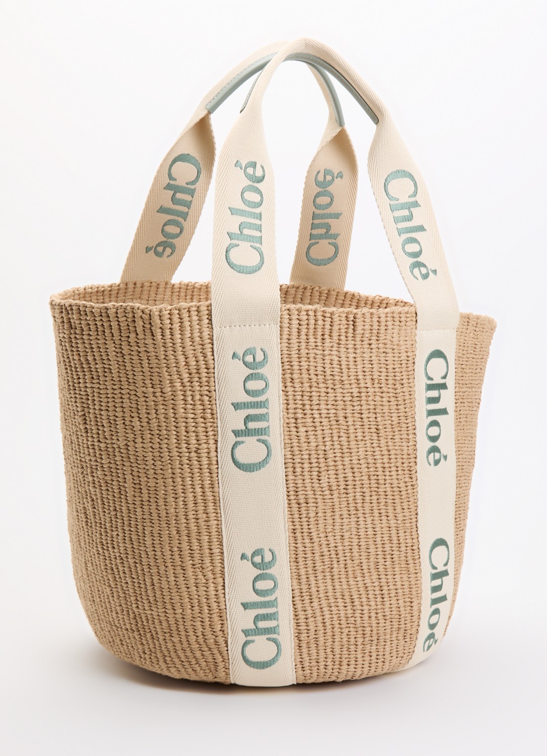 Chloé Woody Large shopper van gerecycled raffia met kalfsleren details - achterkant groen