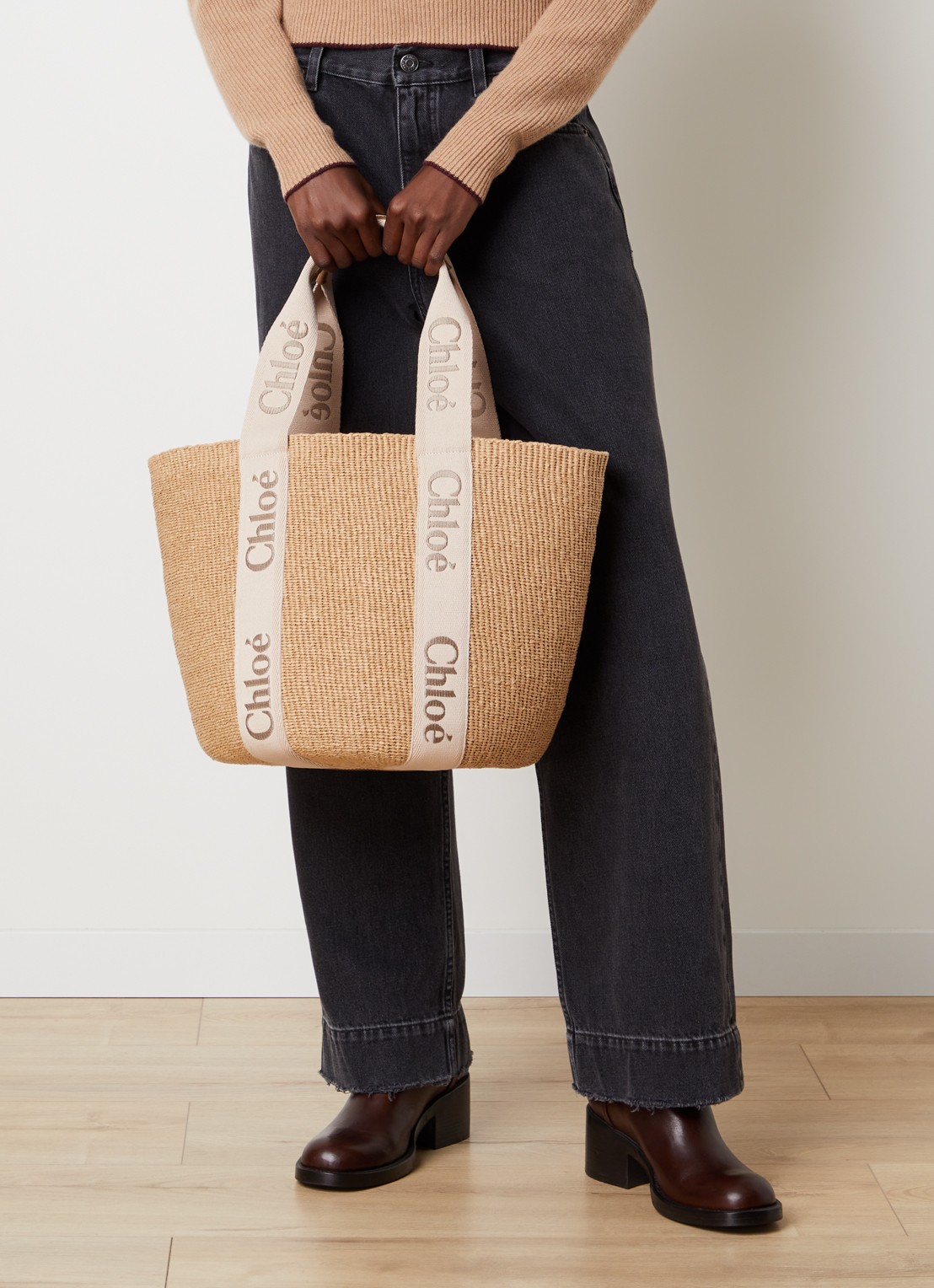 Chloé Woody Large shopper van raffia met kalfsleren details - voorkant 7 beige