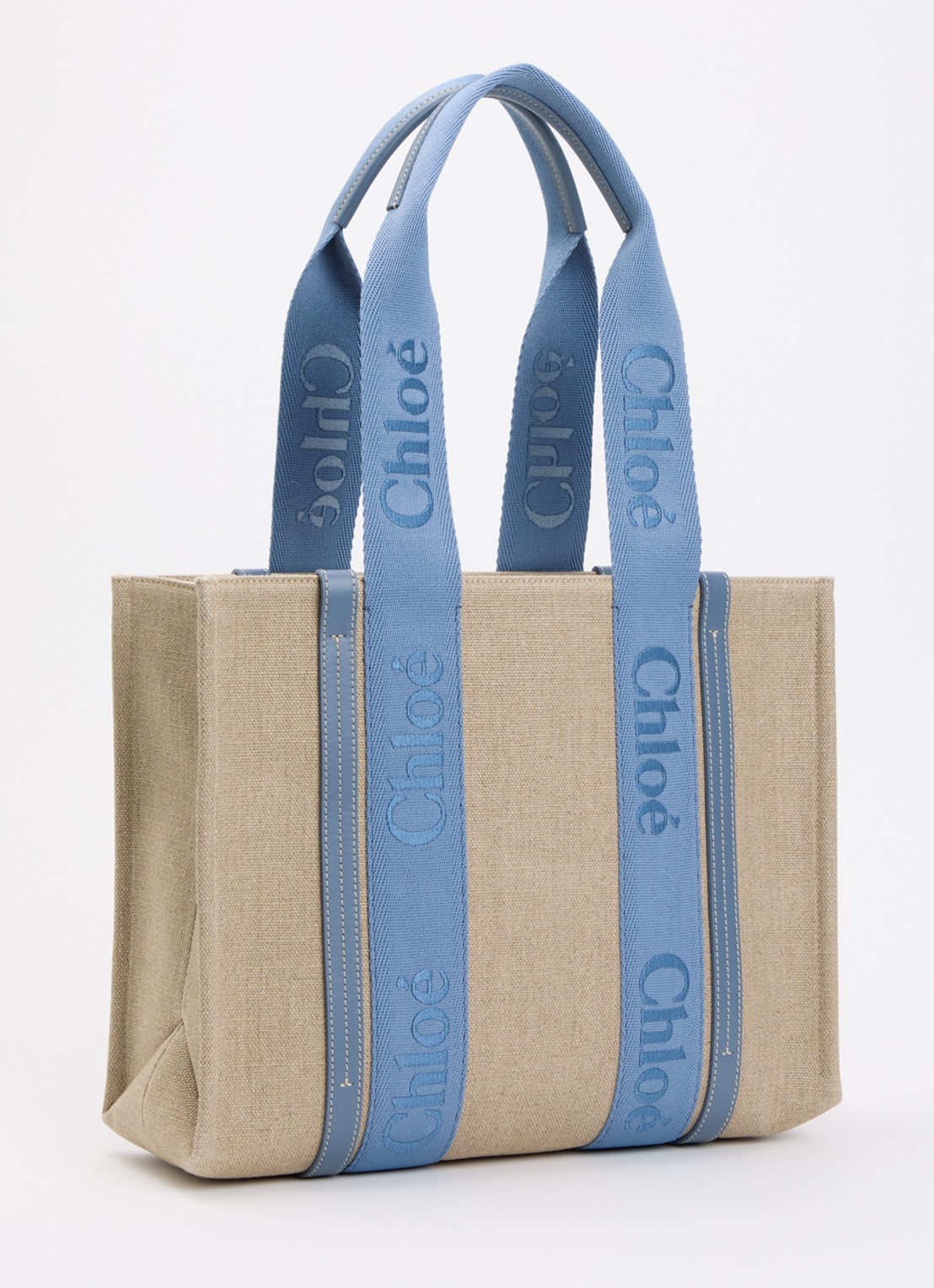 Chloé Woody Medium shopper van canvas met kalfsleren details - achterkant 7 staalblauw