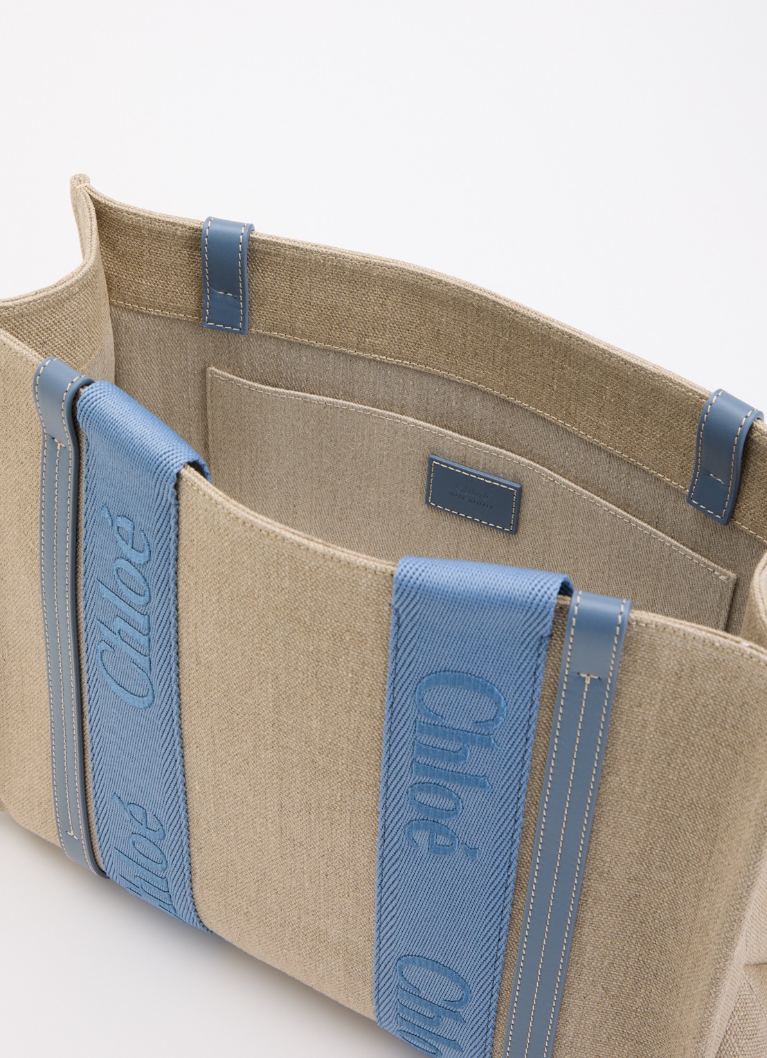 Chloé Woody Medium shopper van canvas met kalfsleren details - detail 3 staalblauw