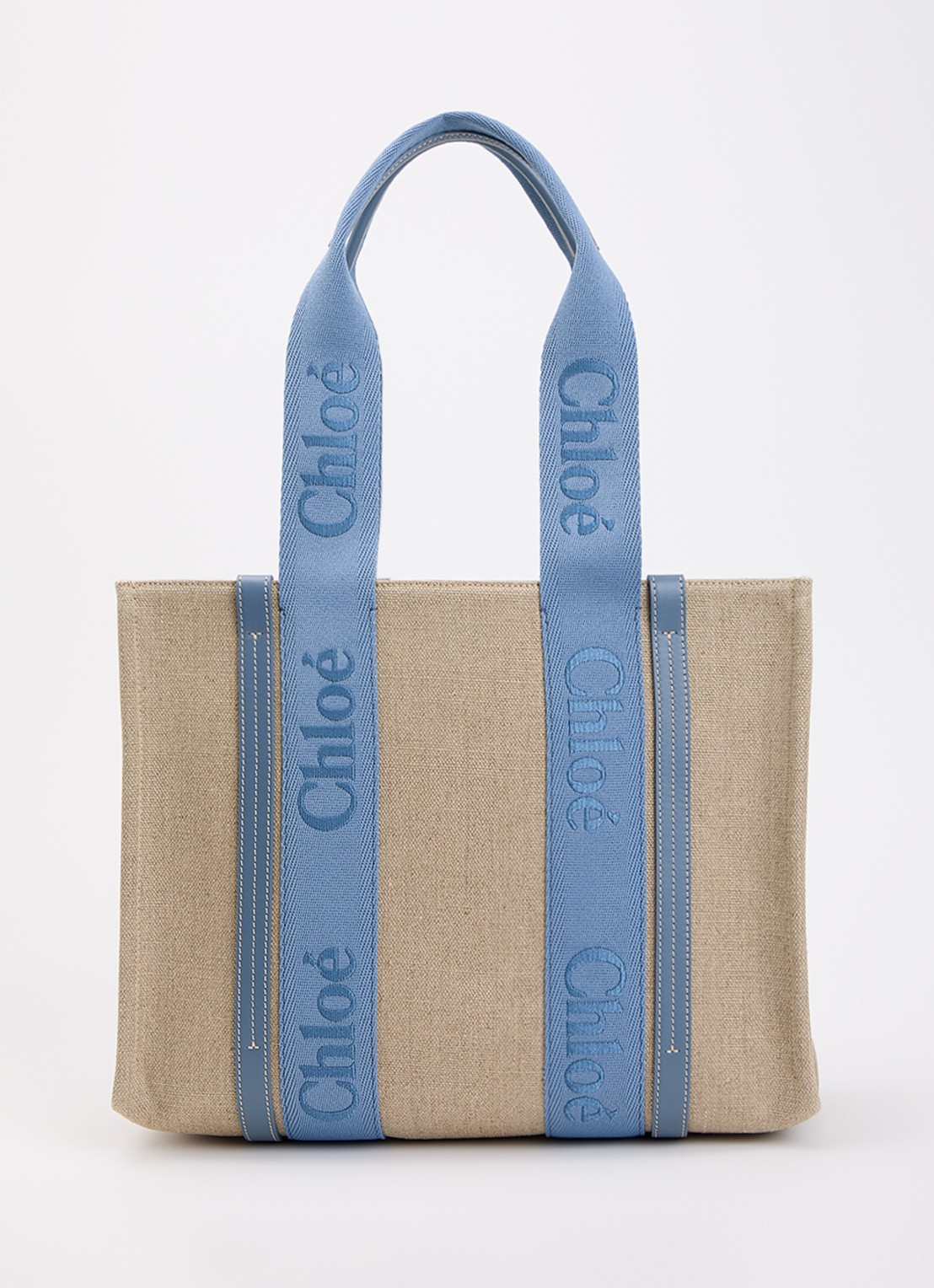 Chloé Woody Medium shopper van canvas met kalfsleren details - voorkant staalblauw