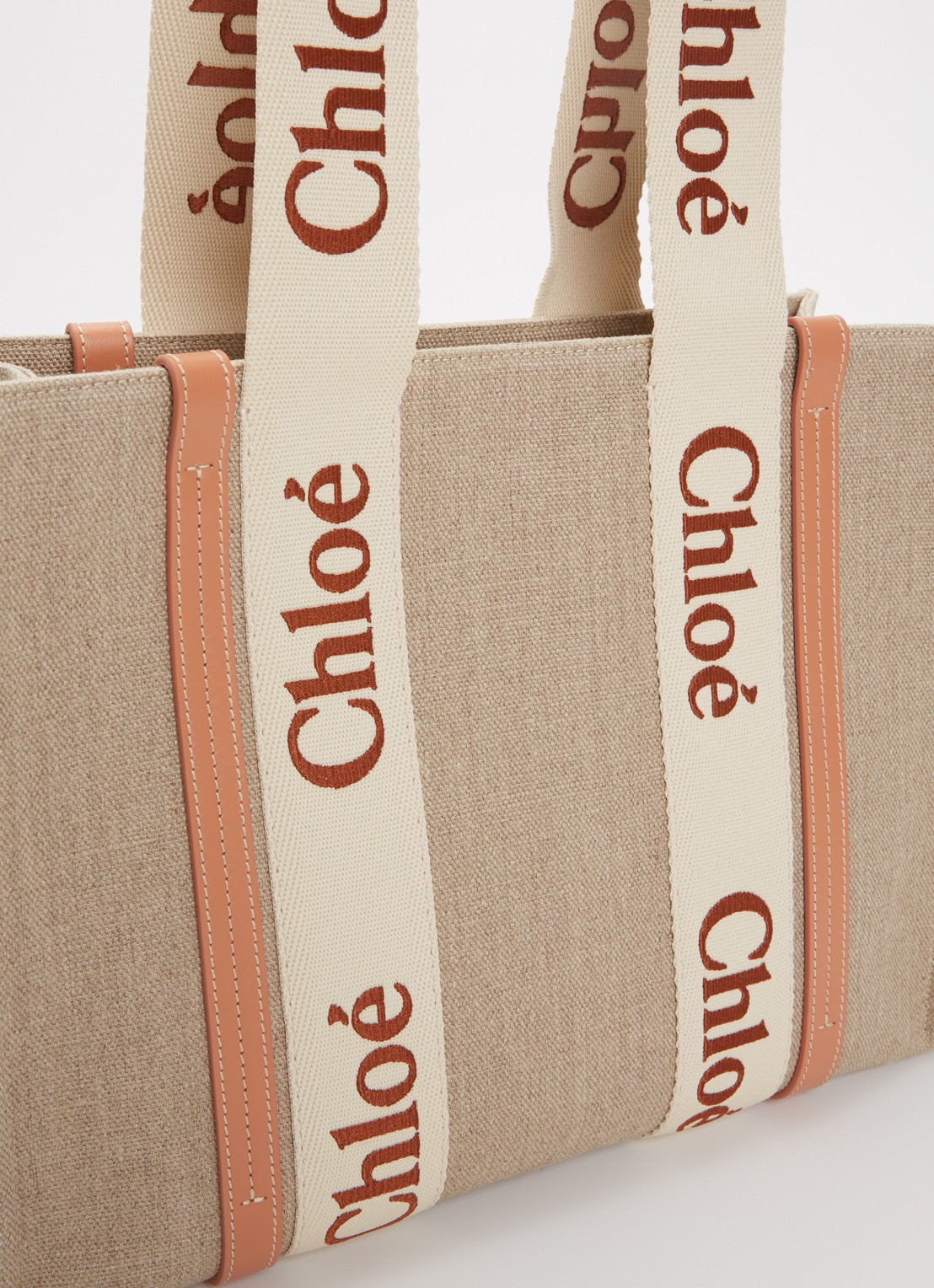 Chloé Woody Medium shopper van canvas met kalfsleren details - detail 3 lichtoranje