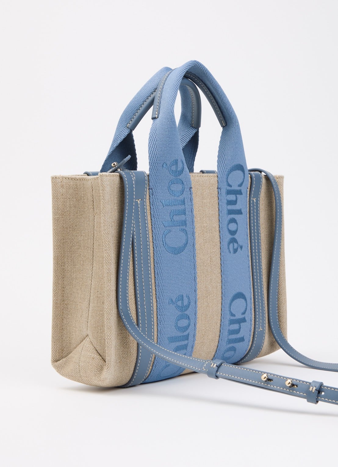Chloé Woody Small handtas met kalfsleren details - achterkant blauw