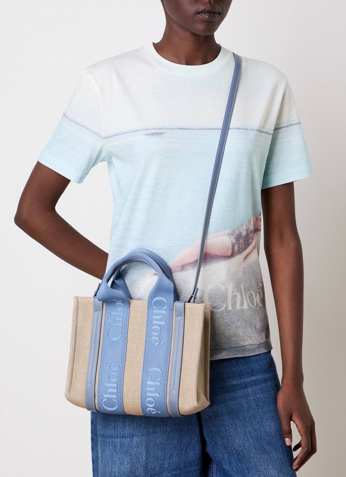 Chloé Woody Small handtas met kalfsleren details - voorkant 7 blauw