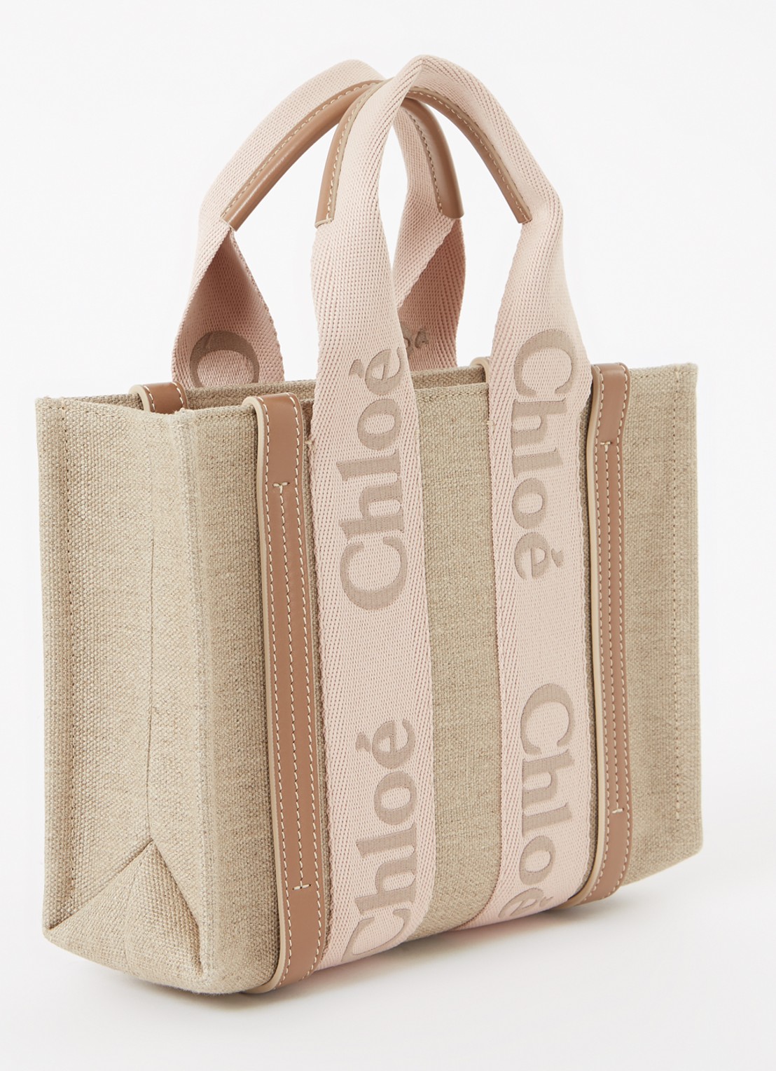 Chloé Woody Small handtas met kalfsleren details - achterkant 7 beige