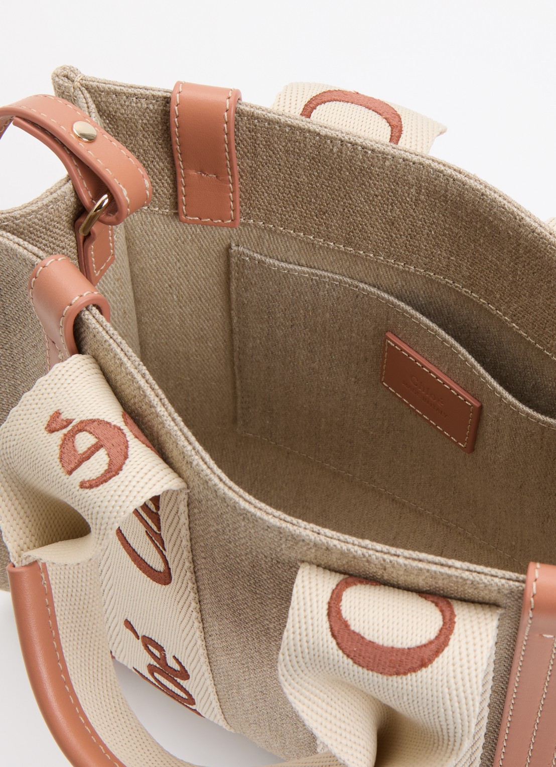Chloé Woody Small handtas van linnen met kalfsleren details - detail 2 oranjebruin