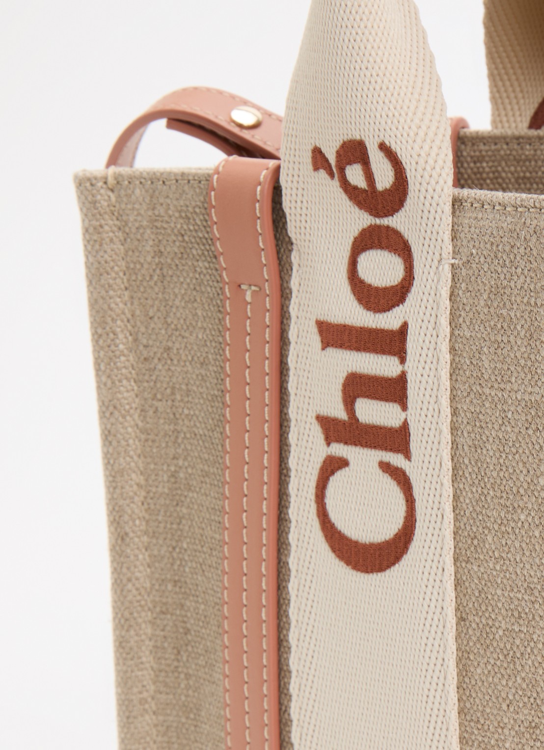 Chloé Woody Small handtas van linnen met kalfsleren details - detail 4 oranjebruin