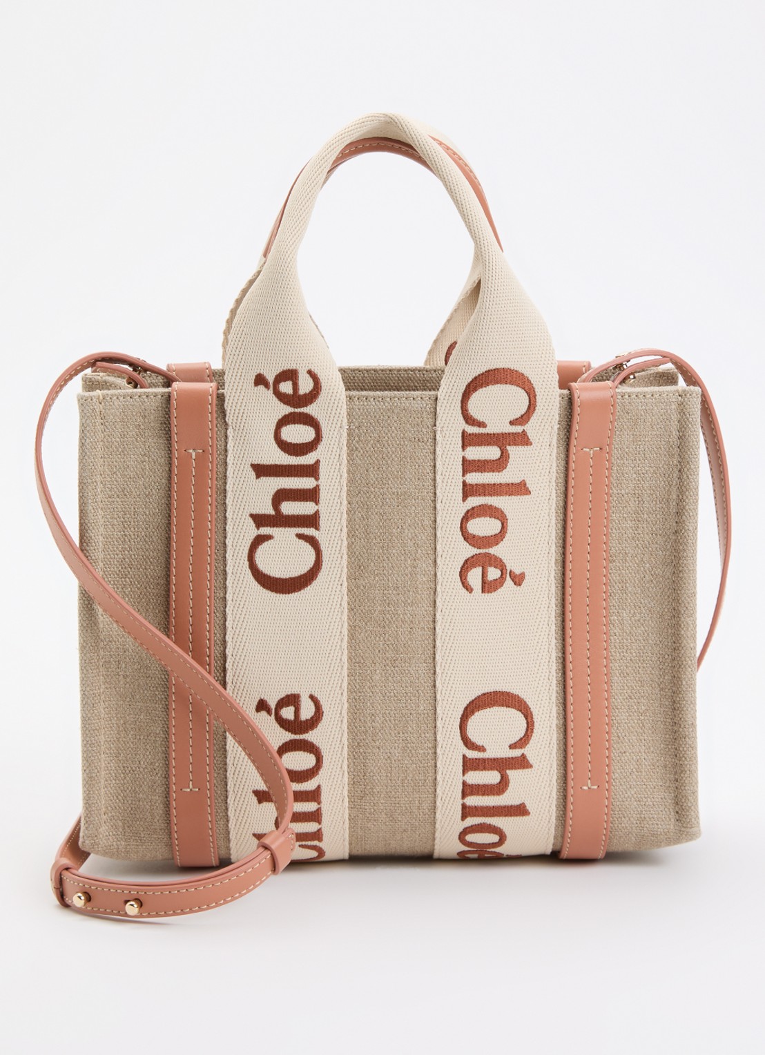 Chloé Woody Small handtas van linnen met kalfsleren details - voorkant 6 oranjebruin