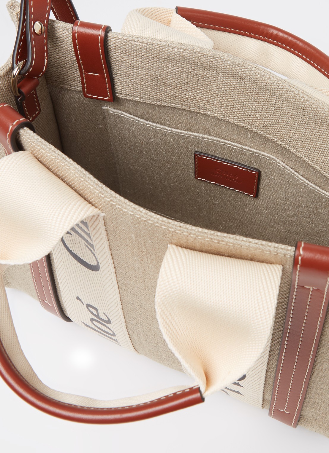 Chloé Woody Small handtas van linnen met kalfsleren details - detail 2 camel