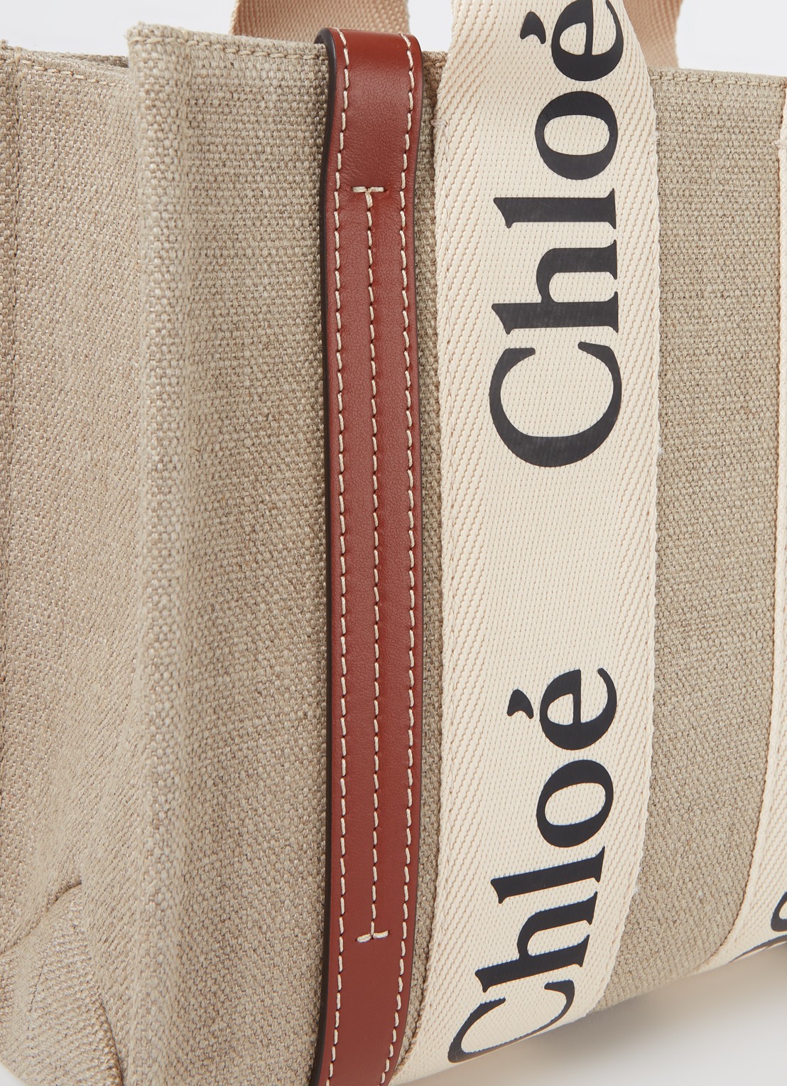 Chloé Woody Small handtas van linnen met kalfsleren details - detail 4 camel