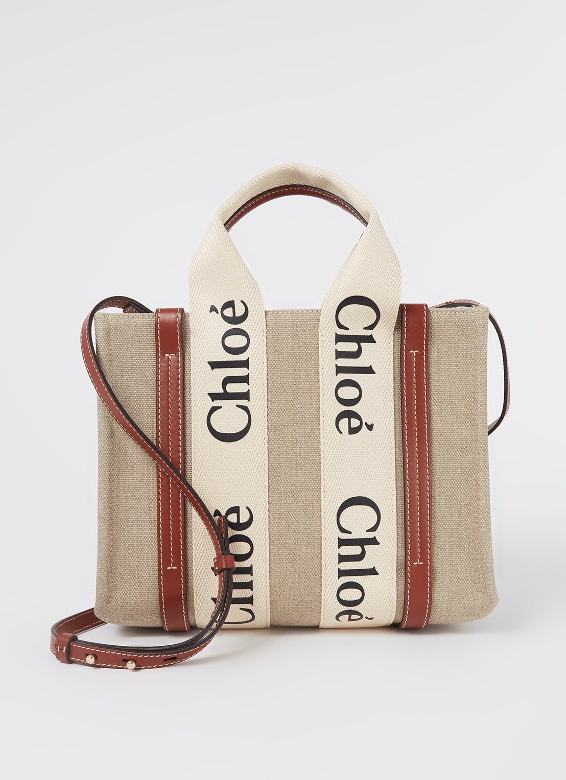 Chloé Woody Small handtas van linnen met kalfsleren details - voorkant 5 camel