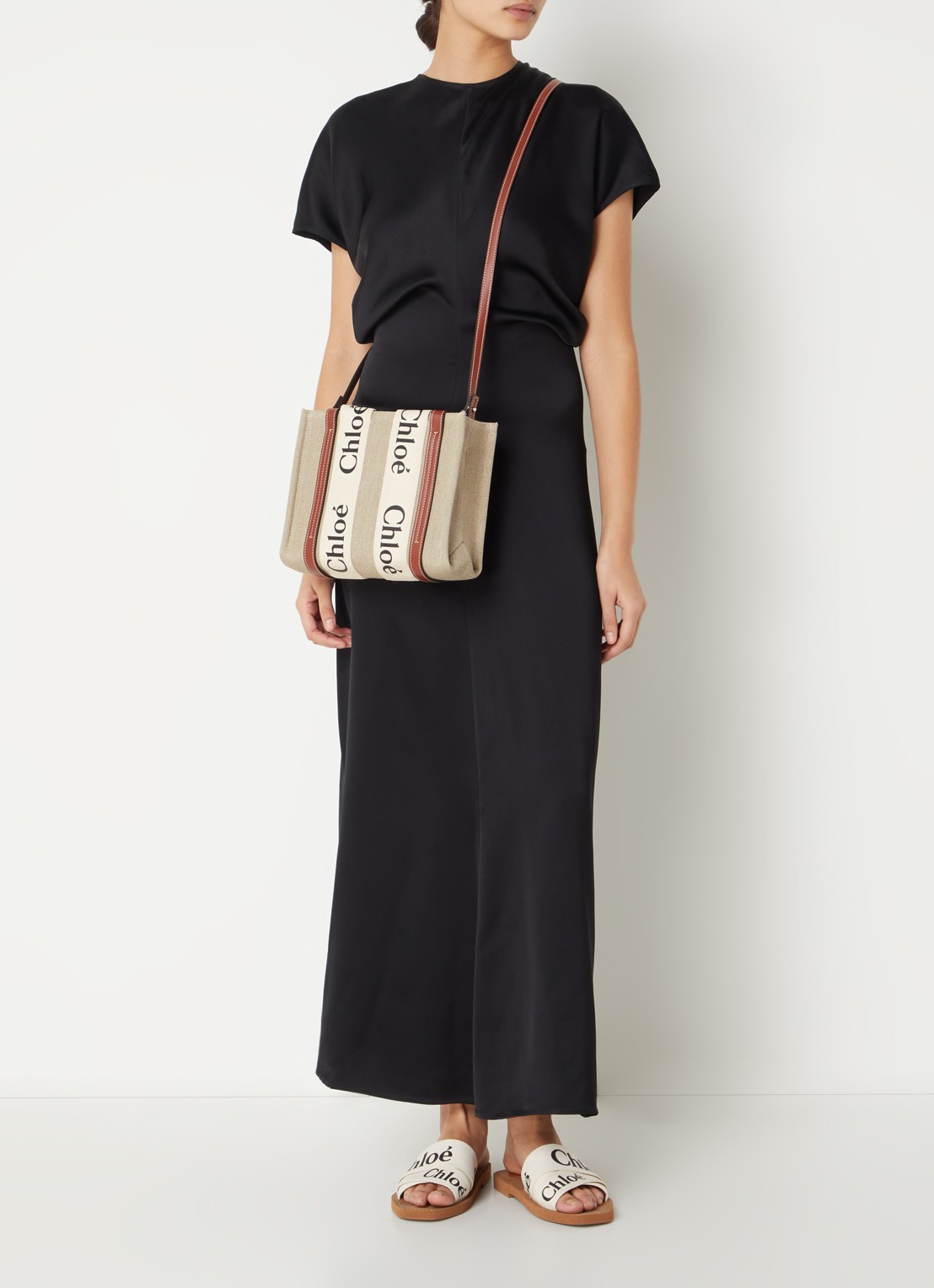 Chloé Woody Small handtas van linnen met kalfsleren details - voorkant 6 camel