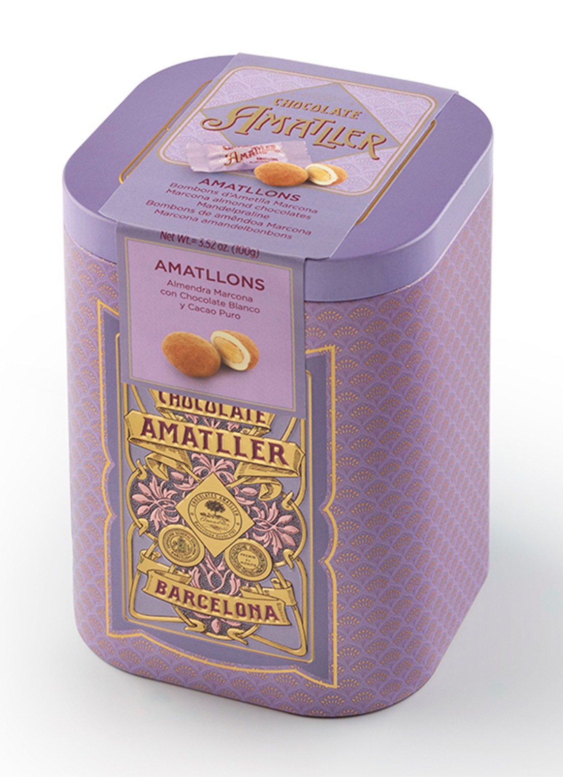 Chocolate Amatller Chocolade amandelen in blik 100 gram - voorkant undefined