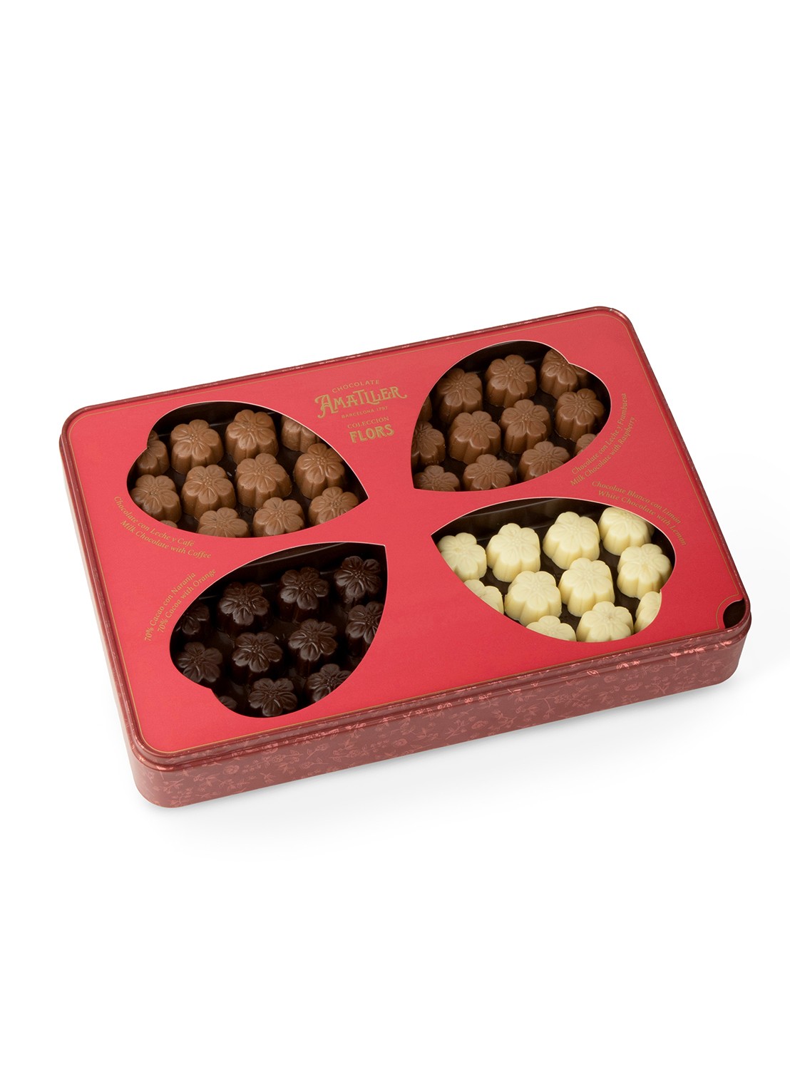 Chocolate Amatller Chocolade met fruit- of koffievulling in XL blik 288 gram - achterkant undefined
