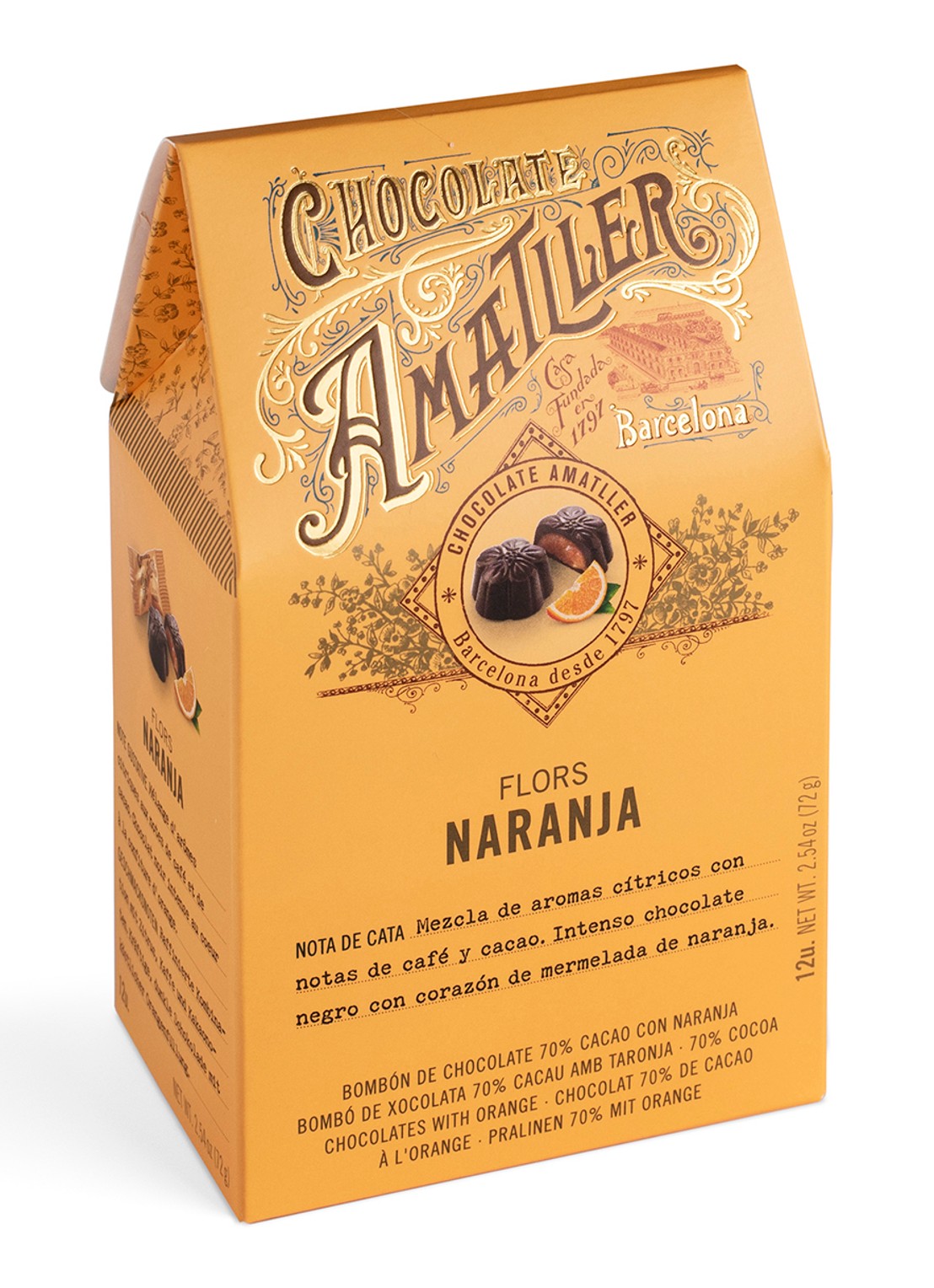 Chocolate Amatller Pure chocolade met sinaasappelvulling 12 stuks - voorkant undefined