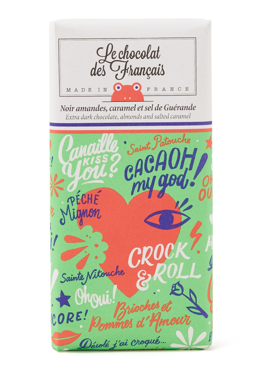 Chocolats des Francais Extra pure chocoladereep met amandelen en zoute karamel 80 gram  - voorkant undefined