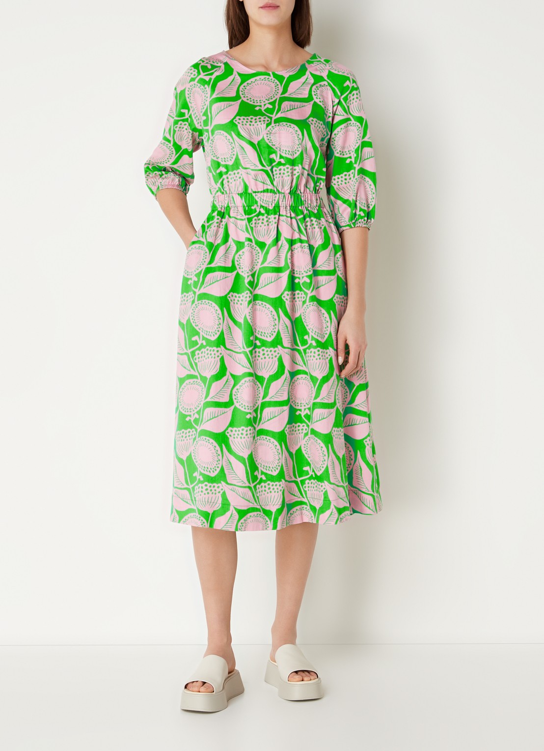 CINQUE Ciessun midi tuniekjurk met bloemenprint en steekzakken - detail 4 neongroen