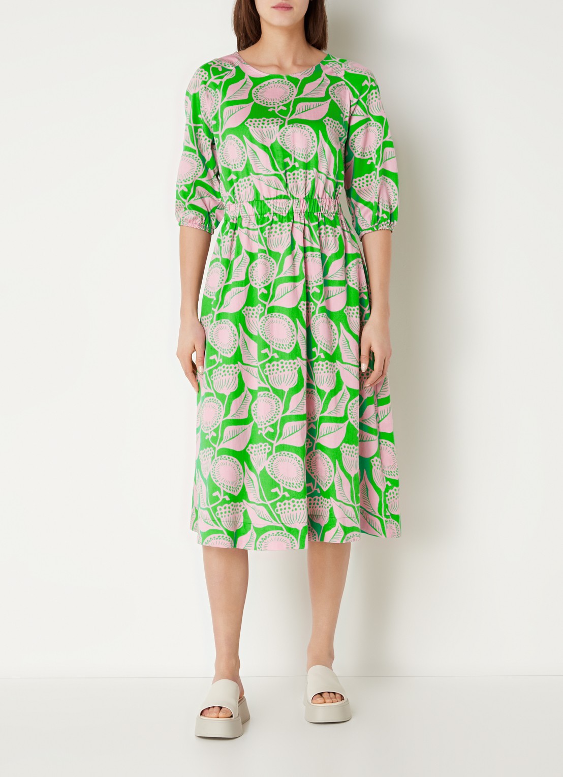 CINQUE Ciessun midi tuniekjurk met bloemenprint en steekzakken - voorkant 2 neongroen