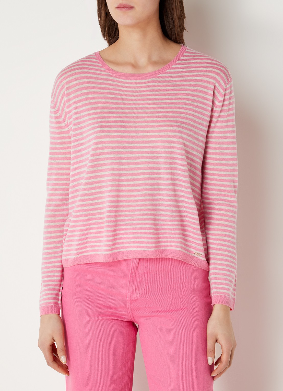 CINQUE Cijara fijngebreide pullover in kasjmierblend met streepprint  - detail roze