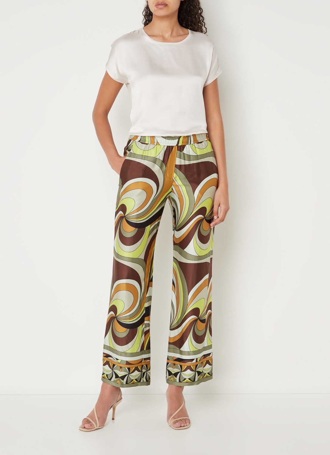CINQUE Cisleepy high waist loose fit broek van satijn met print - voorkant 3 olijfgroen