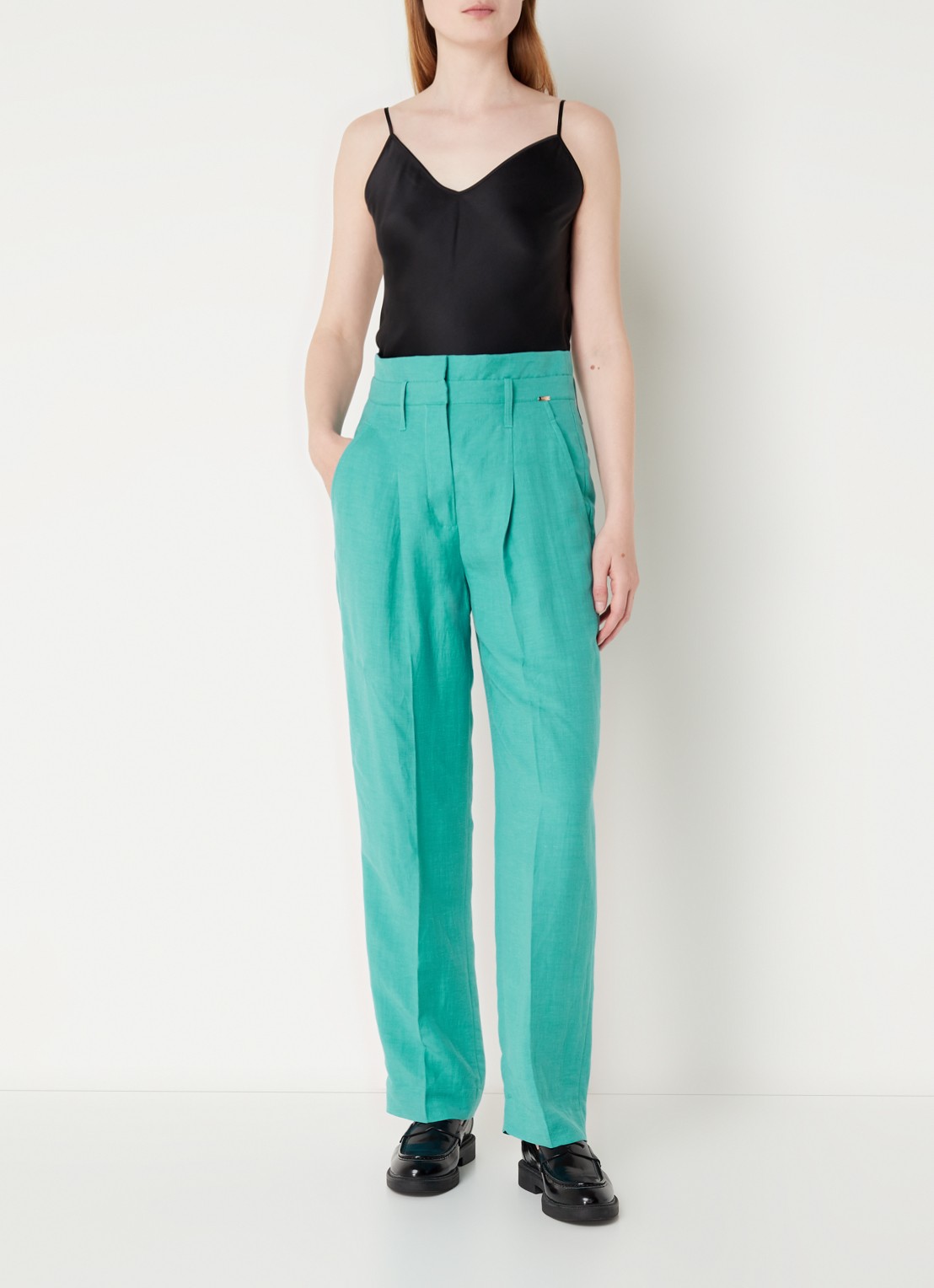 CINQUE Cisusi high waist tapered fit pantalon in linnenblend met steekzakken - voorkant 3 zeegroen