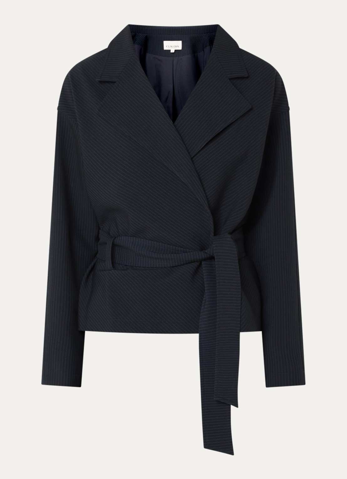Claudia Sträter Blazer met krijtstreep en strikceintuur - voorkant 2 donkerblauw