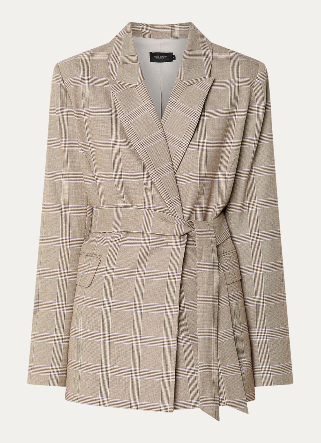 Claudia Sträter Blazer met ruitdessin en strikceintuur - voorkant beige