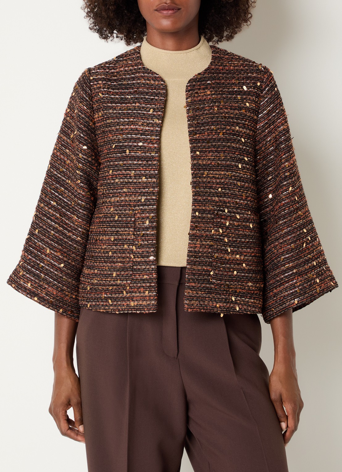 Claudia Sträter Blazer van tweed in wolblend met pailletten  - detail 4 oranjebruin