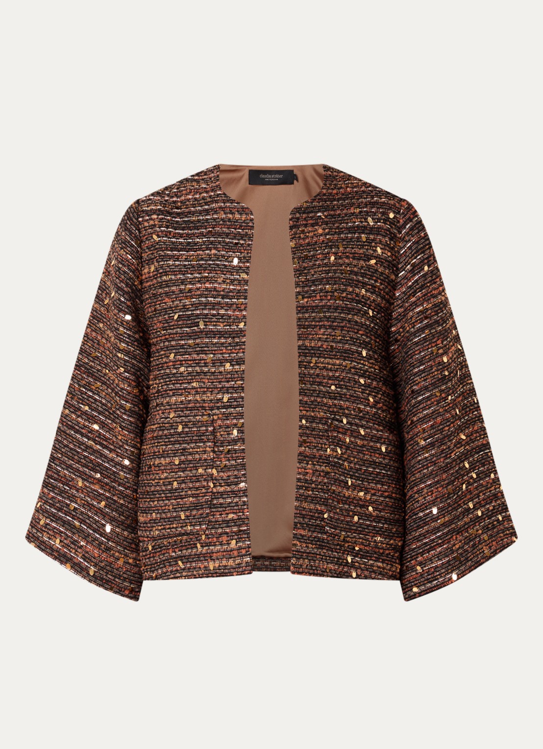Claudia Sträter Blazer van tweed in wolblend met pailletten  - voorkant oranjebruin