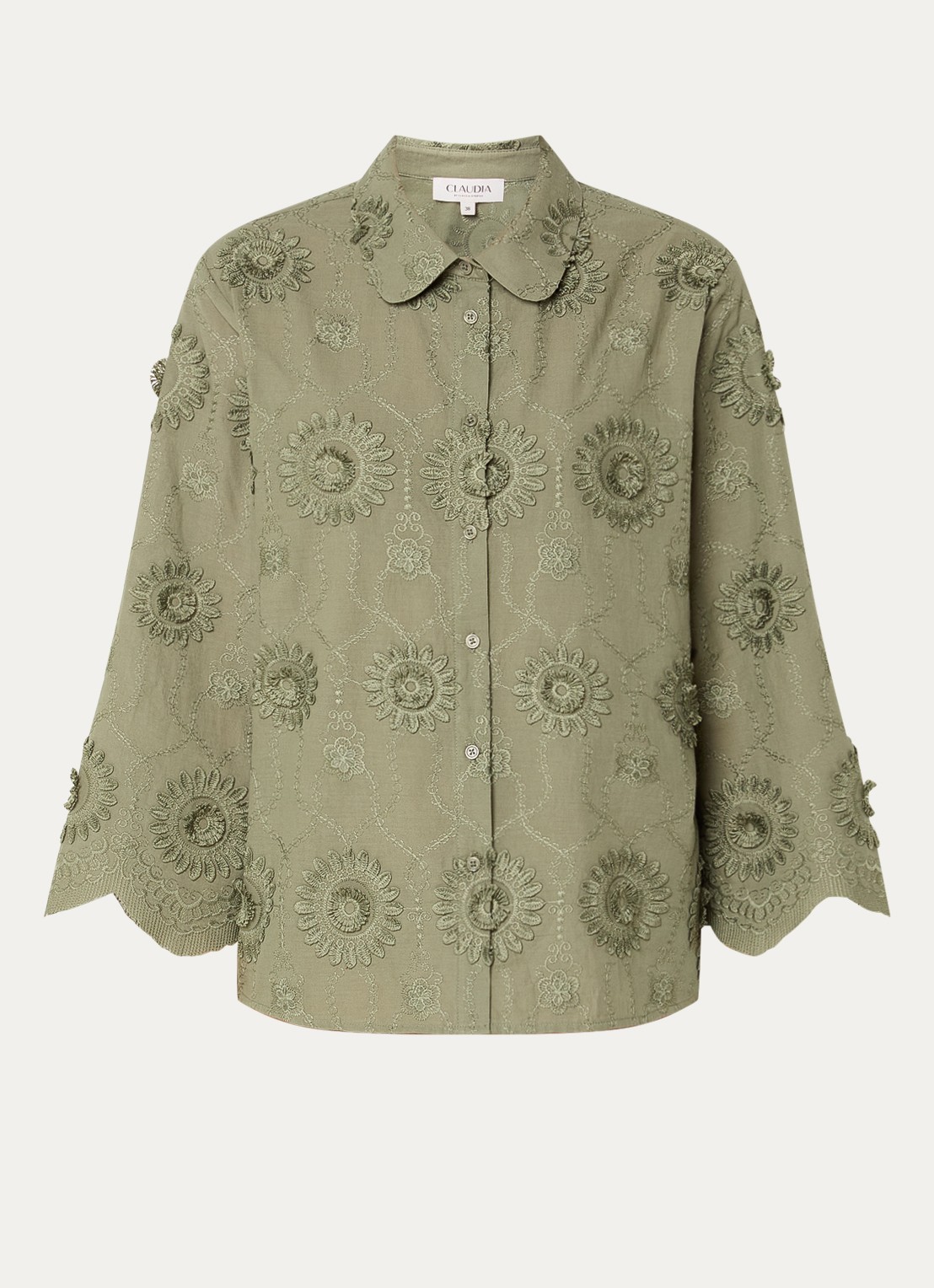 Claudia Sträter Blouse met bloemborduring en vlindermouwen - voorkant groen