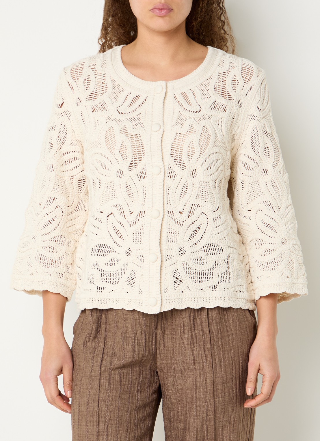 Claudia Sträter Grofgebreid vest met opengewerkt dessin - detail 4 beige