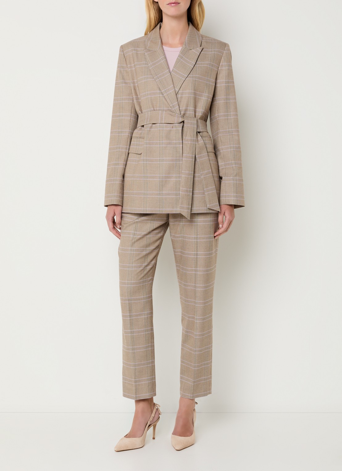 Claudia Sträter High waist straight fit pantalon met pied-de-poule dessin - voorkant 2 lichtbruin