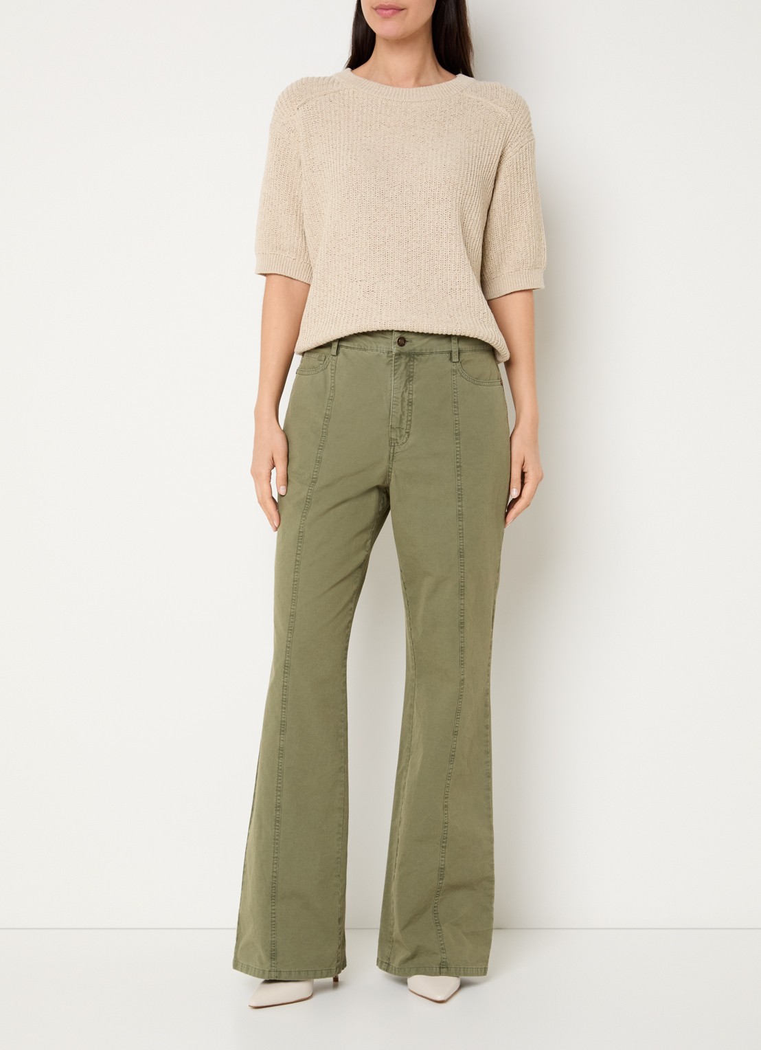 Claudia Sträter High waist straigt leg broek met steekzakken - voorkant 2 legergroen