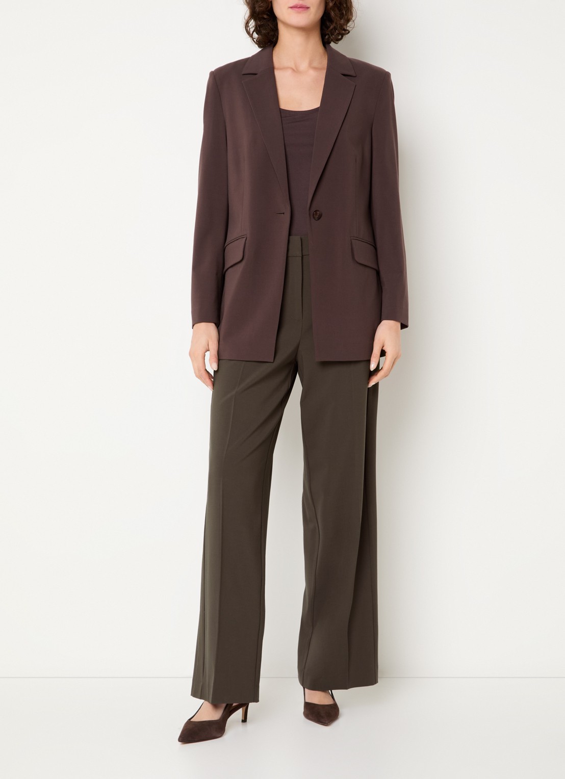 Claudia Sträter High waist wide fit pantalon in wolblend - voorkant 3 donkerbruin