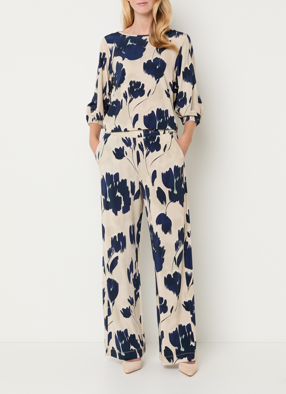 Claudia Sträter High waist wide fit pantalon met print en steekzakken - voorkant 4 donkerblauw