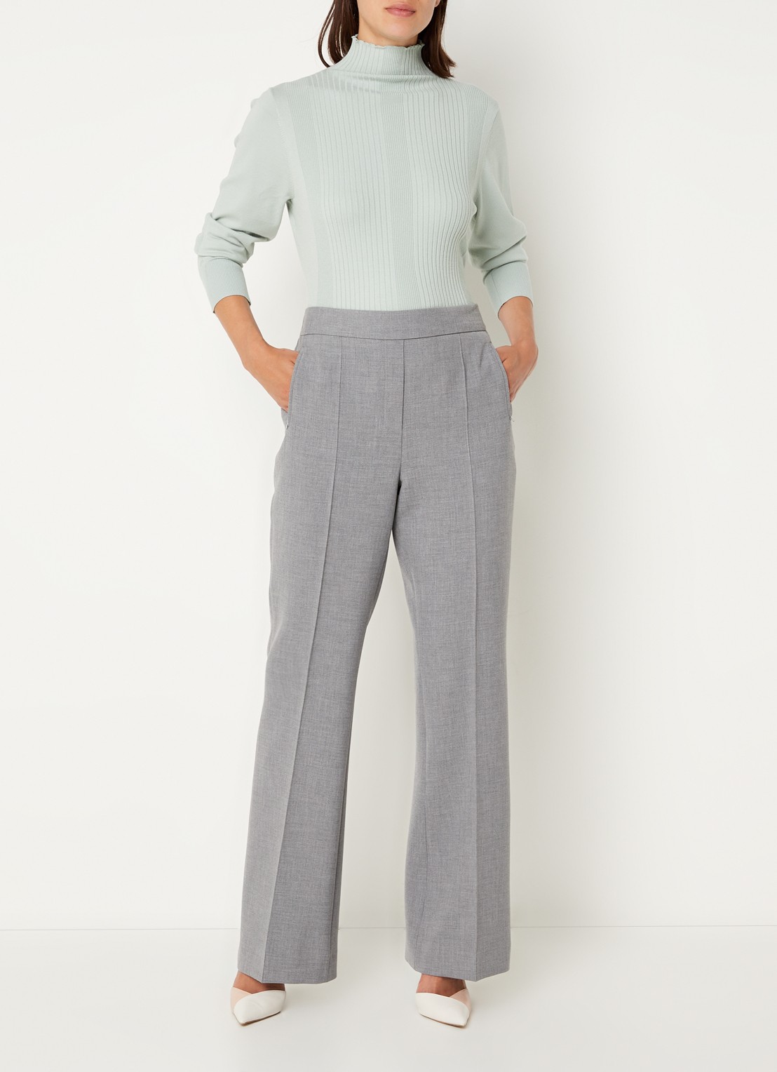 Claudia Sträter High waist wide fit pantalon met ritszakken en persplooi - voorkant 4 grijs