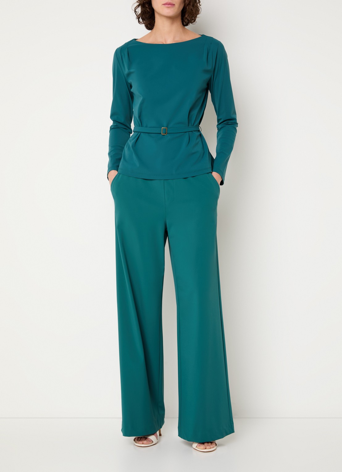 Claudia Sträter High waist wide fit pantalon met steekzakken - voorkant 3 zeegroen
