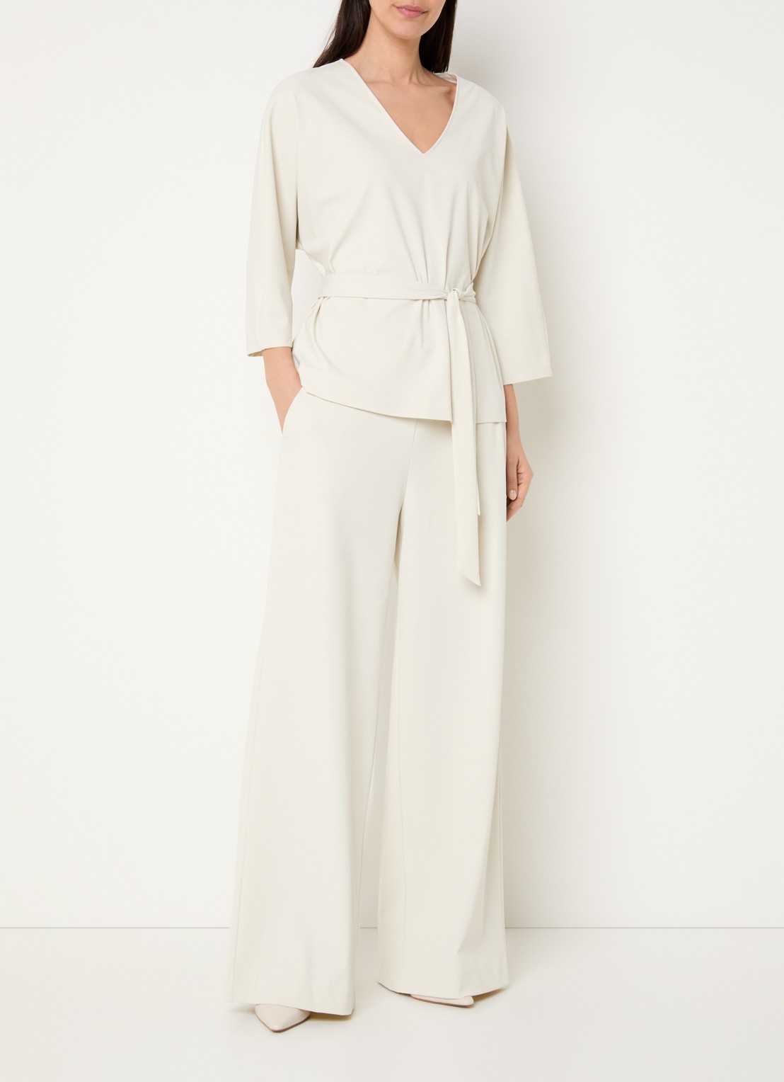Claudia Sträter High waist wide leg broek van jersey met steekzakken - voorkant 3 gebroken wit