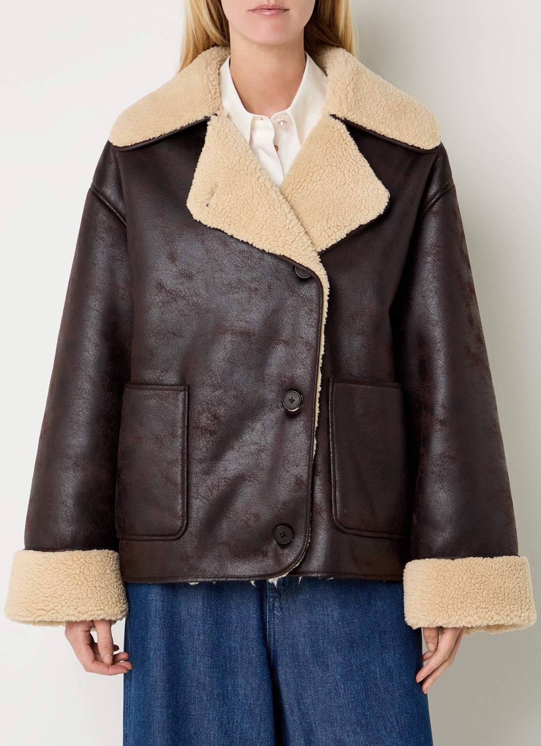 Claudia Sträter Lammy coat met steekzakken - detail donkerbruin