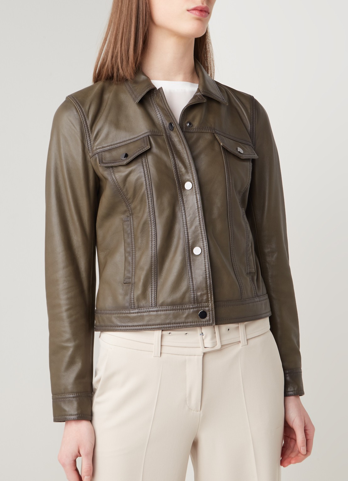 Claudia Sträter Leren jack met steekzakken - detail 4 khaki